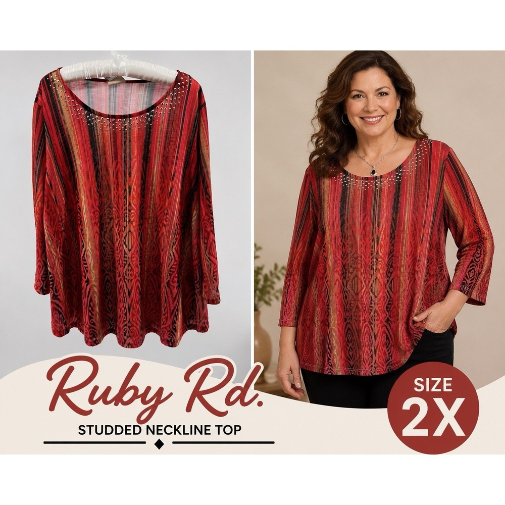 Ruby Rd 2X Red Studded Embellished Tunic Top Boho Stretch Plus Flowy Resortwear